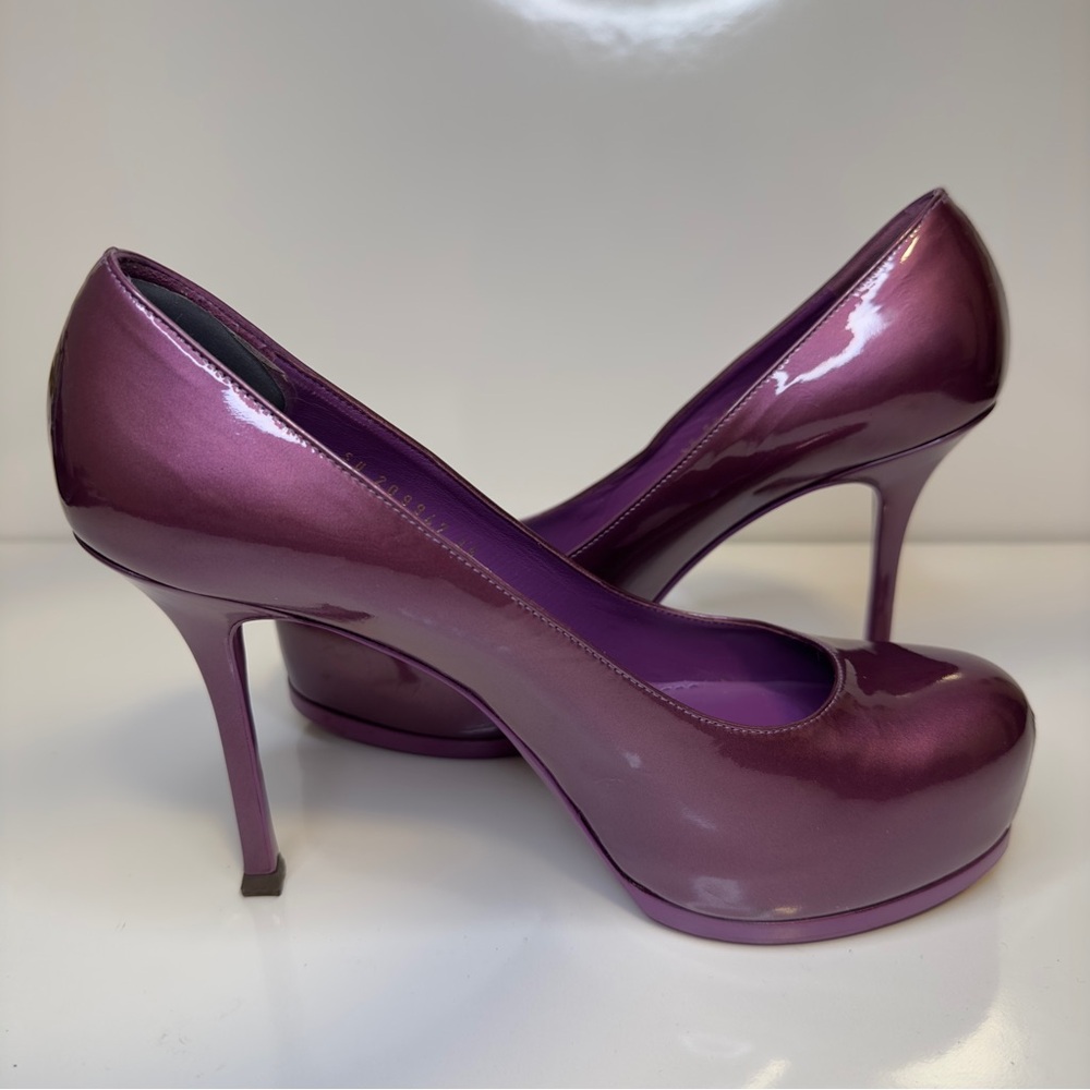 Like new! Made in Italy YSL Purple Tribtoo Patent Leather Platform Heel Pumps 9 - Picture 12 of 14